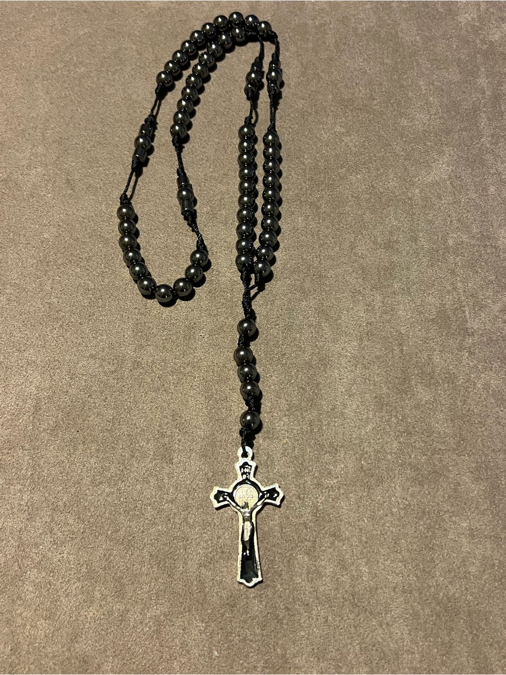 Hematite  Beaded Rosary Necklace with Cross Pendant - Men's Accessory